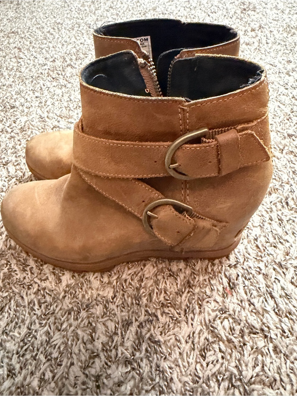 Women's Ankle Wedge Booties in brown with double buckle detail